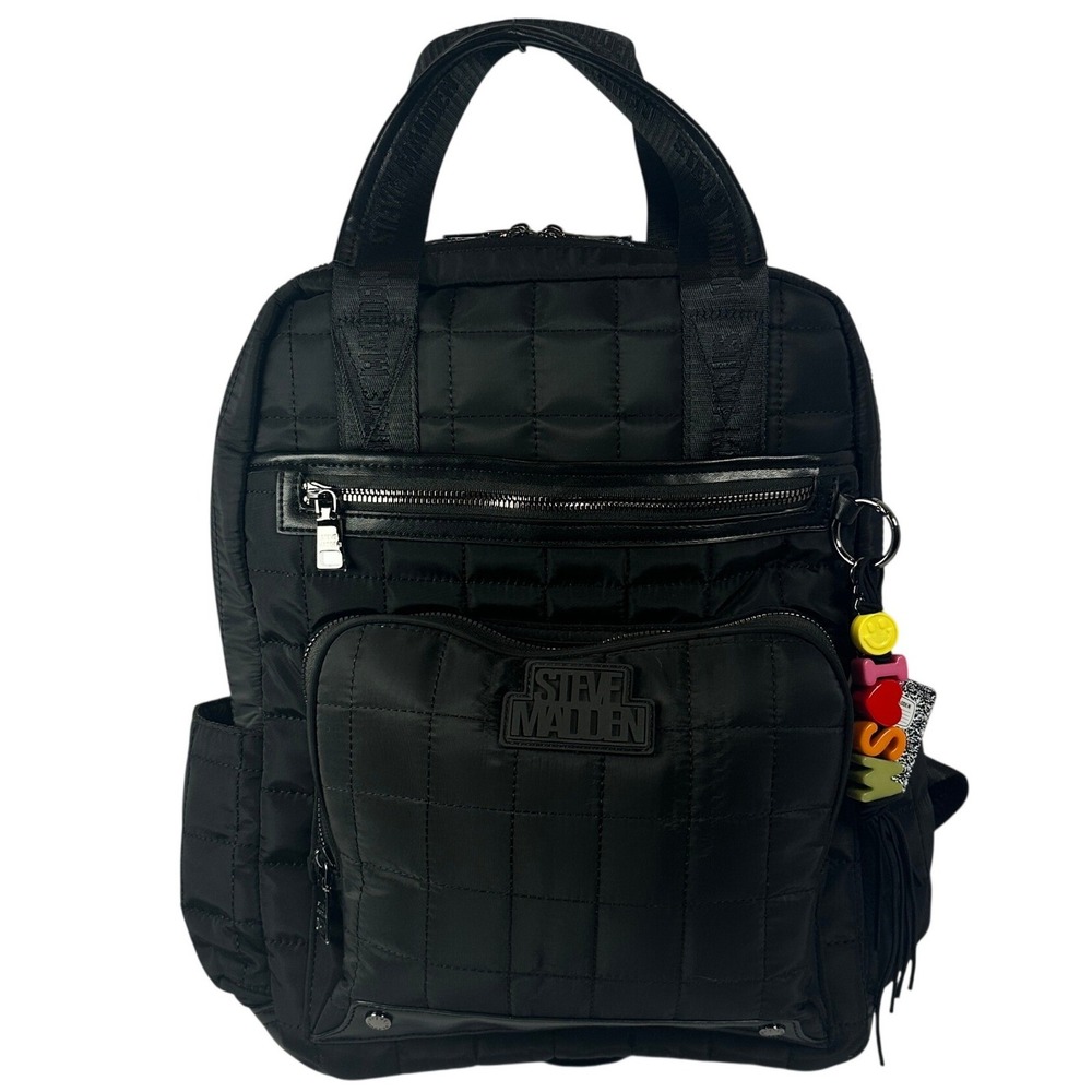 Steve Madden Backpack Womens OS Black New Quilted Nylon Multi-Pocket Charm Bag